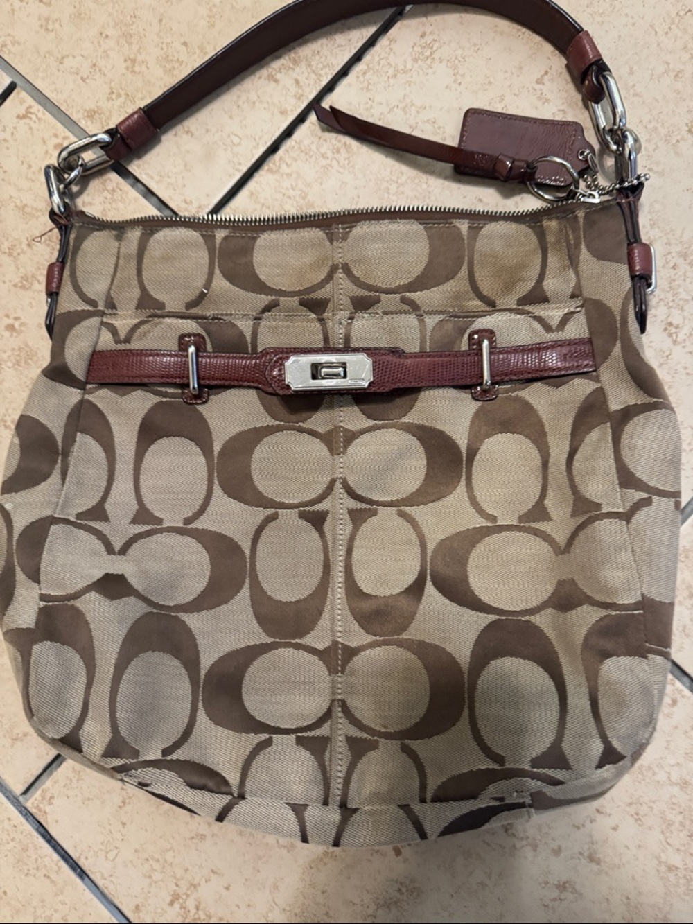 Coach Tan & Mahogany Signature Canvas Hobo Bag
